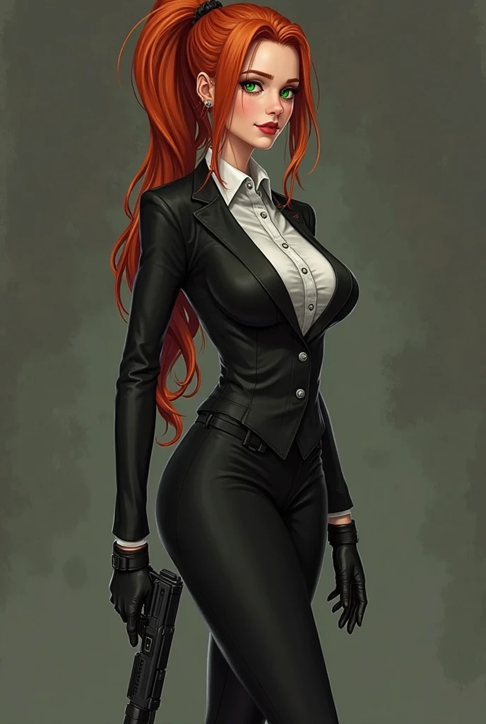 North American woman, redhead, with an open blazer, cleavage, large breasts, sensual and cheerful gaze, young