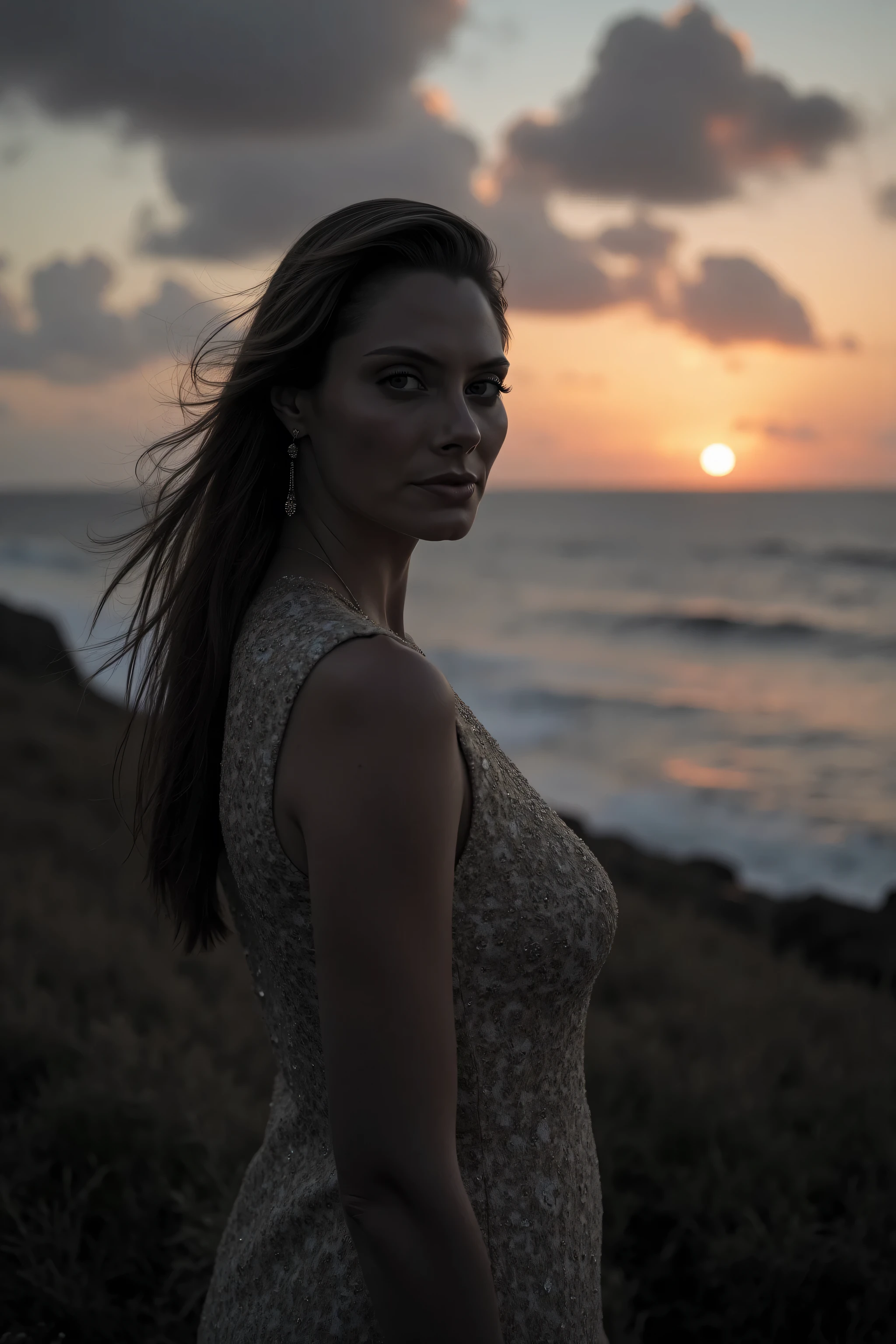 high quality, 8K Ultra HD, sunset coast should serve as the underlying backdrop, with its details incorporated into the goddess , crisp lines, looking at the camera. The background is monochrome, sharp focus,,awesome full color,