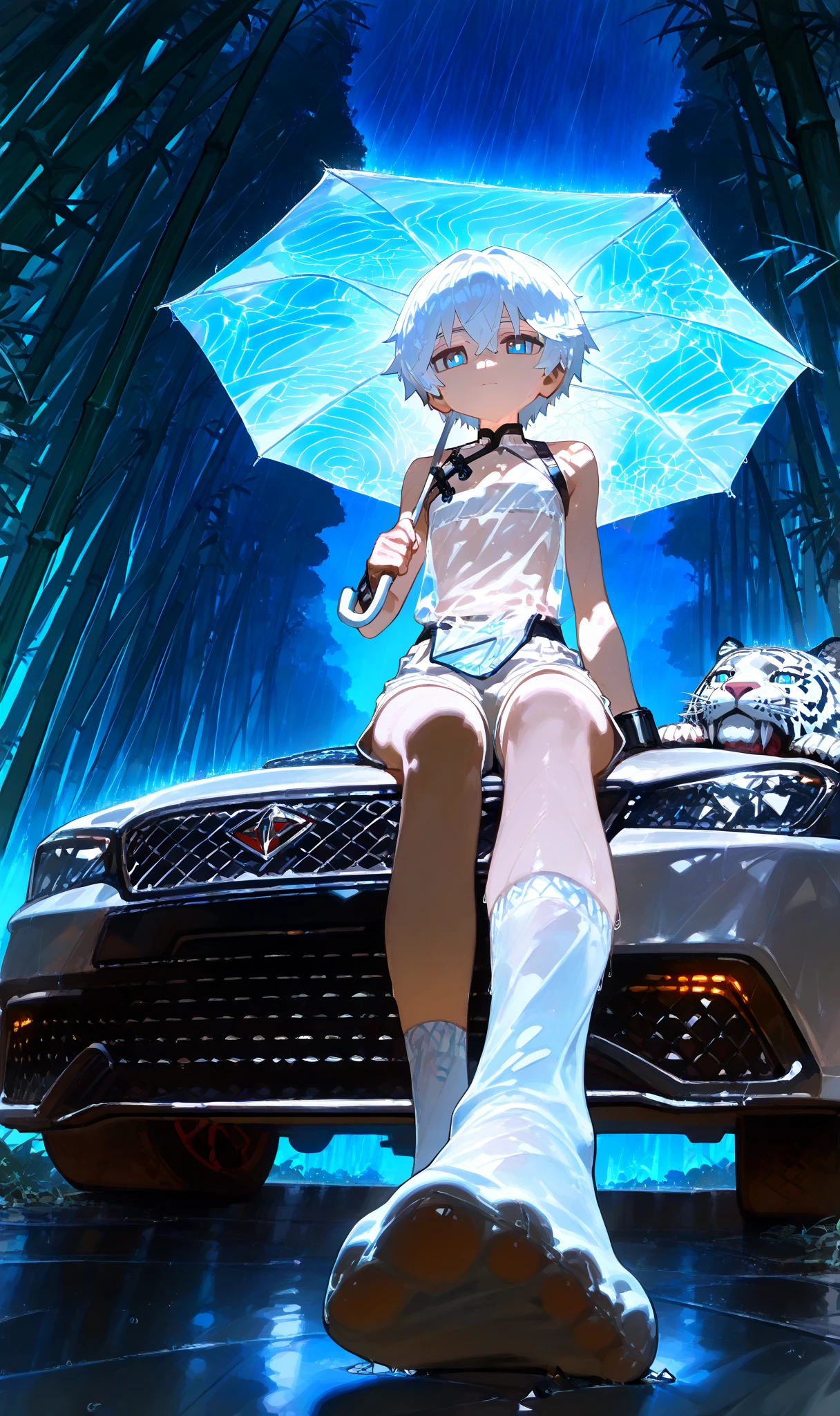 1boy, , , (ciloranko:0.9), lack,foreshortening, white hair,closed mouth,pleased, blue eyes,white pupils,solo , cinematic, masterpiece, best quality, good quality, newest, highres, absurdres,shota,no shirt,no socks or shoes, white shorts,see through tabard,white wet socks,Colin from Changed, changed,shota,standing,night ,confident, ,night,neon lights,car head lights,people walking in background,forest background,on path,bamboo trees forest,detailed background,white shorts,black cuff on left wrist,broken chains hanging from cuff,midnight,detailed eyes,raining,Chinese umbrella,holding umbrella,sitting on white tiger,detailed tiger,young boy 