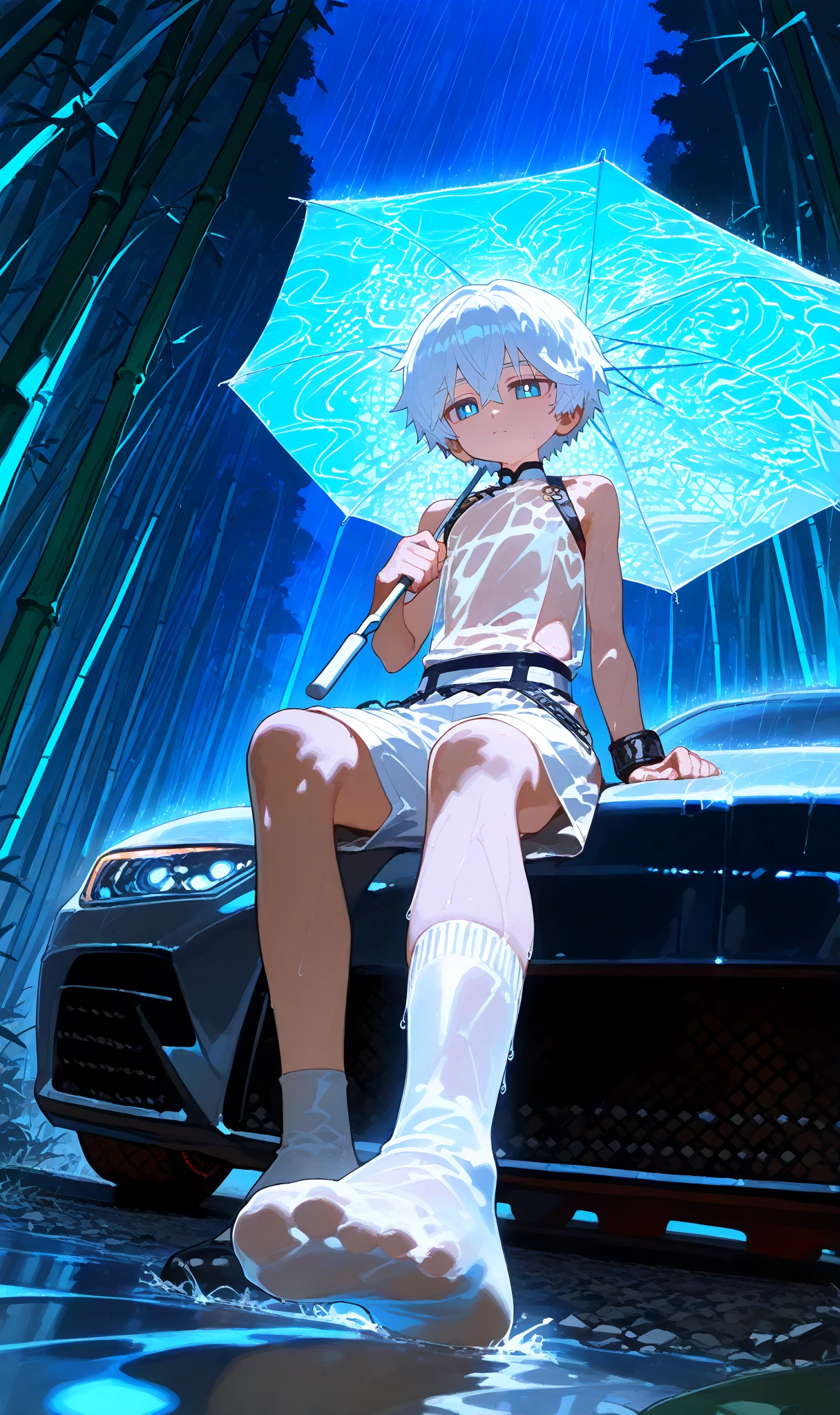 1boy, , , (ciloranko:0.9), lack,foreshortening, white hair,closed mouth,pleased, blue eyes,white pupils,solo , cinematic, masterpiece, best quality, good quality, newest, highres, absurdres,shota,no shirt,no socks or shoes, white shorts,see through tabard,white wet socks,Colin from Changed, changed,shota,standing,night ,confident, ,night,neon lights,car head lights,people walking in background,forest background,on path,bamboo trees forest,detailed background,white shorts,black cuff on left wrist,broken chains hanging from cuff,midnight,detailed eyes,raining,Chinese umbrella,holding umbrella,sitting on white tiger,detailed tiger,young boy 