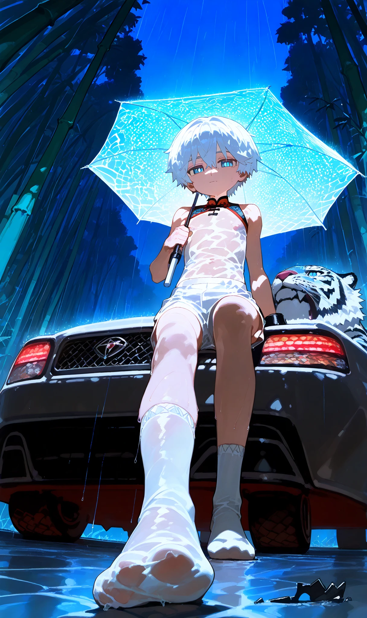 1boy, , , (ciloranko:0.9), lack,foreshortening, white hair,closed mouth,pleased, blue eyes,white pupils,solo , cinematic, masterpiece, best quality, good quality, newest, highres, absurdres,shota,no shirt,no socks or shoes, white shorts,see through tabard,white wet socks,Colin from Changed, changed,shota,standing,night ,confident, ,night,neon lights,car head lights,people walking in background,forest background,on path,bamboo trees forest,detailed background,white shorts,black cuff on left wrist,broken chains hanging from cuff,midnight,detailed eyes,raining,Chinese umbrella,holding umbrella,sitting on white tiger,detailed tiger,young boy 