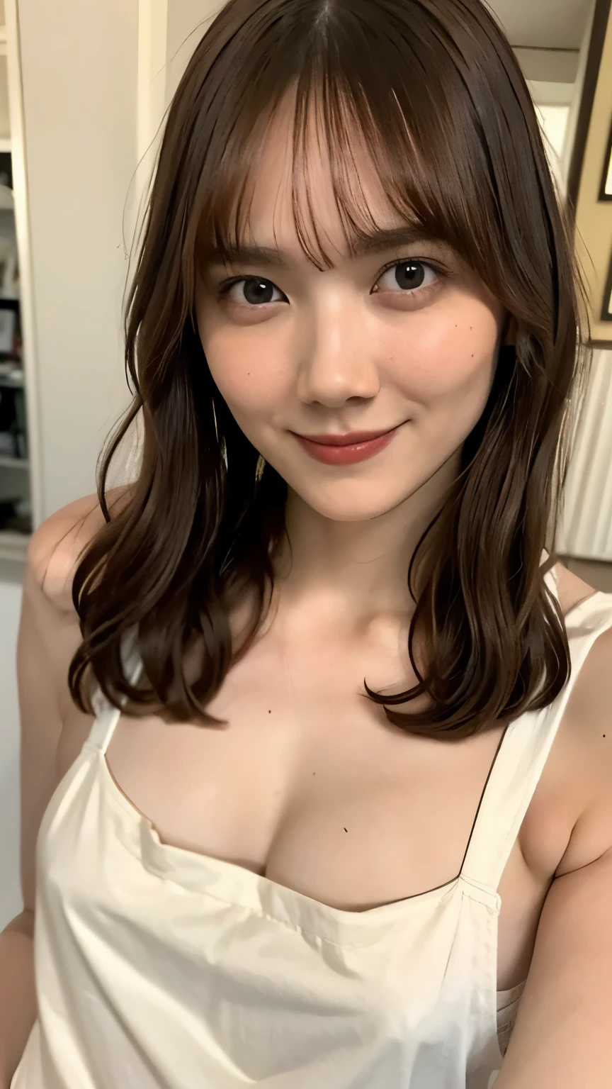((disposable film camera, instax)),(masterpiece,best quality:1.4),(8k,raw photo,photo realistic:1.2),shiny skin,detailed skin,detailed face,detailed eyes,1girl,Japanese idol,beautiful face, (((nfsw))), (short wavy hair), ((upper body)), ((small breast)), (light smile, looking at veiwer),(wearing naked white apron, show cleverly), show puffy nipples,