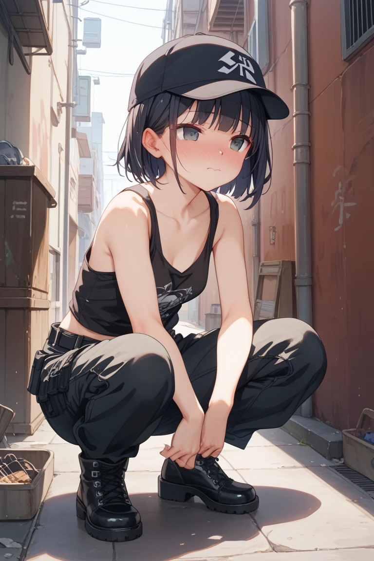 1girl, solo, Alley, squatting, usu with elbows on knees, smoking in one's mouth, Lazy expression, tubetop, (mini skirt), visible panties, flat chest, black pantyhose, white lace-up boots, ((looking out)), aidxlv05_neg