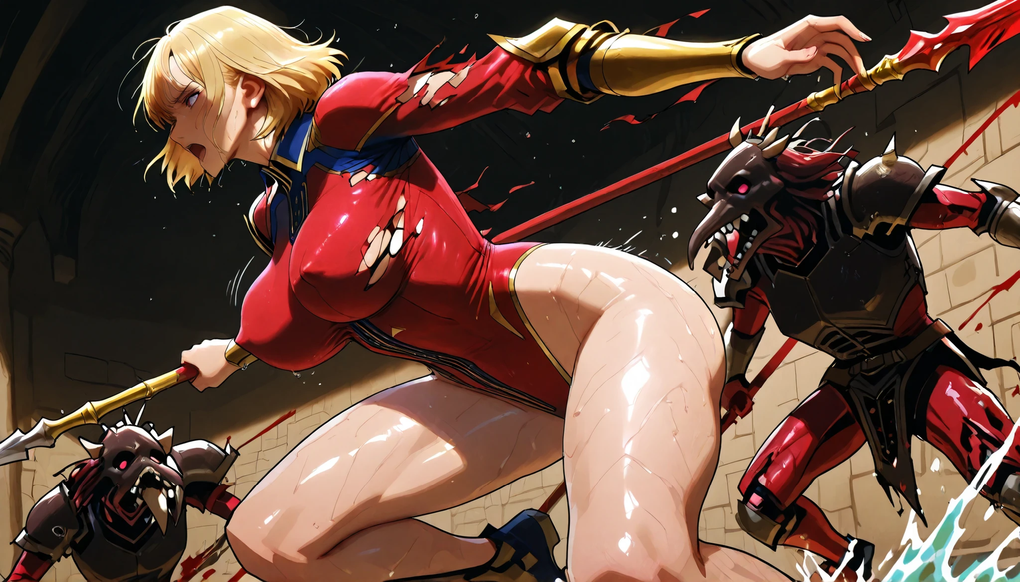masterpiece, 8k, 1woman, blonde hair, open mouth, slender body, thin chests, bouncing breasts, large breasts, erect nipples, light iron amor, (gorgeous red highleg bodysuit:1.3), (exposed legs), bare legs, (torn wear:1.3), (motion line), Dynamism, unrealistic beauty, (sweaty:1.3), (sweat stained), (She dances with her spear, slashed down enemy's ant soldiers one after another:1.3), battle scene, (dynamic action pose:1.2), (Blood splash effects), (splashing sweat), from forward, in darkened dungeon,
