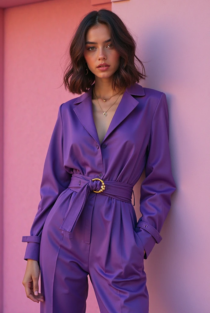 wide depth of field, wide depth of focus, f/11 lens setting, all objects in focus, living room background, full body image,, fragments, soft feminine purple and white short cropped satin bomber jacket, woman posing with a pistol ,,almost perfect, pure form, intricate details, 8K post-production, high resolution, super detailed, Popular topics on Artstation,, Studio photos, intricate details, Very detailed,