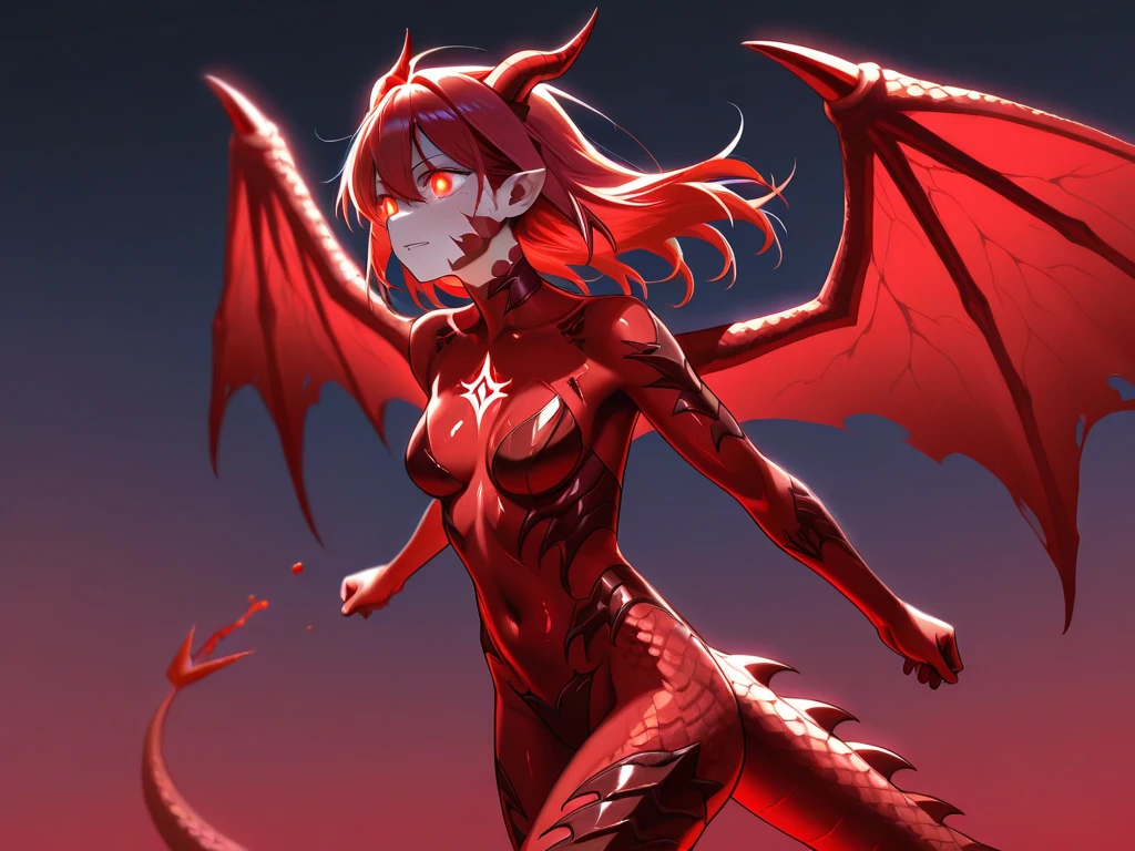flaming red dragon woman with wings, perfect hands, flames and particles, fictional figure body hands on waist