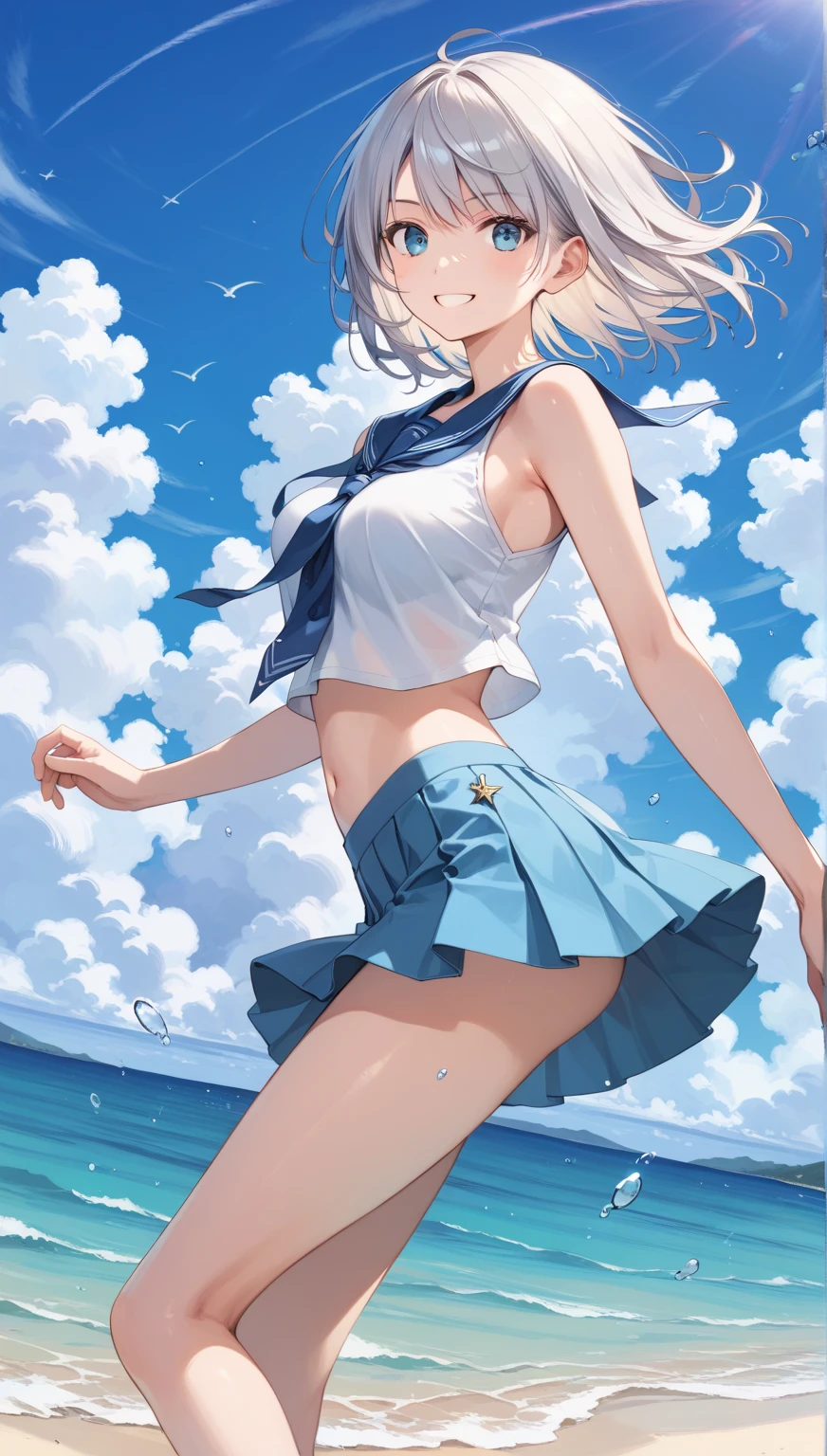 hiquality、top-quality、Full limbs、The ultra -The high-definition、Sparkling eyes、complete fingers、Slender beauty、Bery short hair、ssmile、Wearing a shiny sailor school swimsuit、shinny skin、Black knee high、Dramatic Writing