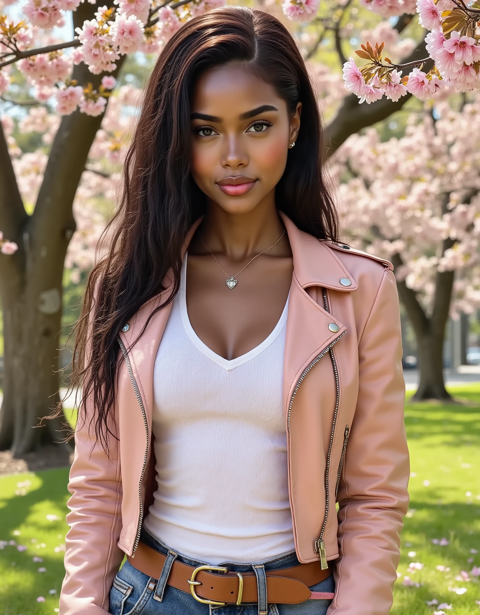 happy bi-racial woman with a perfect sweet smile, masterpiece, best quality, (photorealistic:1.4),(leather soft pink cropped JACKET over white tank top, (torn denim jeans:1.2), leather belt, in the Japanese park with beautiful blossom trees in the background, sunny day, hazel eyes, dark hair, side glance, photo taken from a distance,