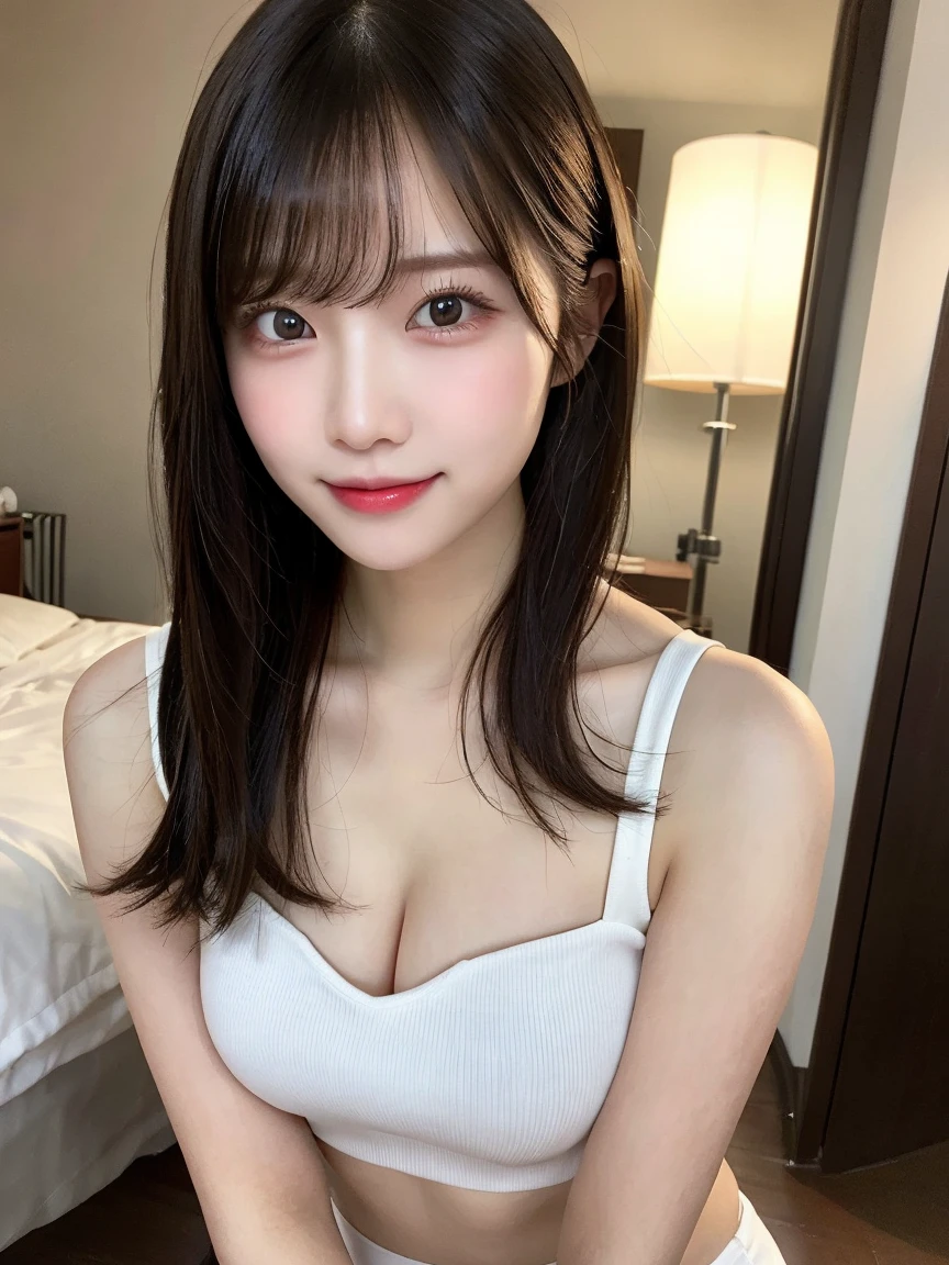 highest quality, High resolution, (Realistic:1.2), (1 beautiful Japanese girl, nude:1.5), Happy smile, High definition eyes, (Large eyes with thick, well-defined double eyelids:1.4), Droopy eyes, Dimples, Black Hair, hair up, Slender body, Flushed white skin, Small breasts, Small nipples, Sitting with bent knees, (night:1.2), Dimly lit room, A spacious room decorated in Southeast Asian style, King-size bed, Angle of view from below to face, Face Light, Warm tones, depth of field, blurred background, vignette,