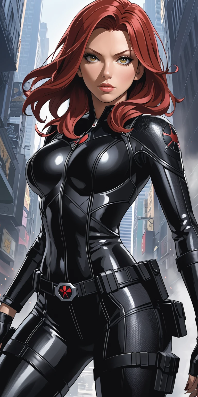 The image features a girl with long, bright red hair, dressed in a sleek skin-tight shiny black latex bodysuit with a deep-cut zipper neckline revealing a large chest, the silver zipper running down the front. The suit is complemented by a belt of shiny golden circles around her waist. She holds a gun in each hand in a ready position, while her other hand is touching her hair. Placed against a dark city backdrop, the scene includes buildings and might contain elements resembling a clock tower, suggesting an urban setting. This composition is emblematic of a superhero genre, highlighting central and ancillary characters, with an overtone of action and vigilance.