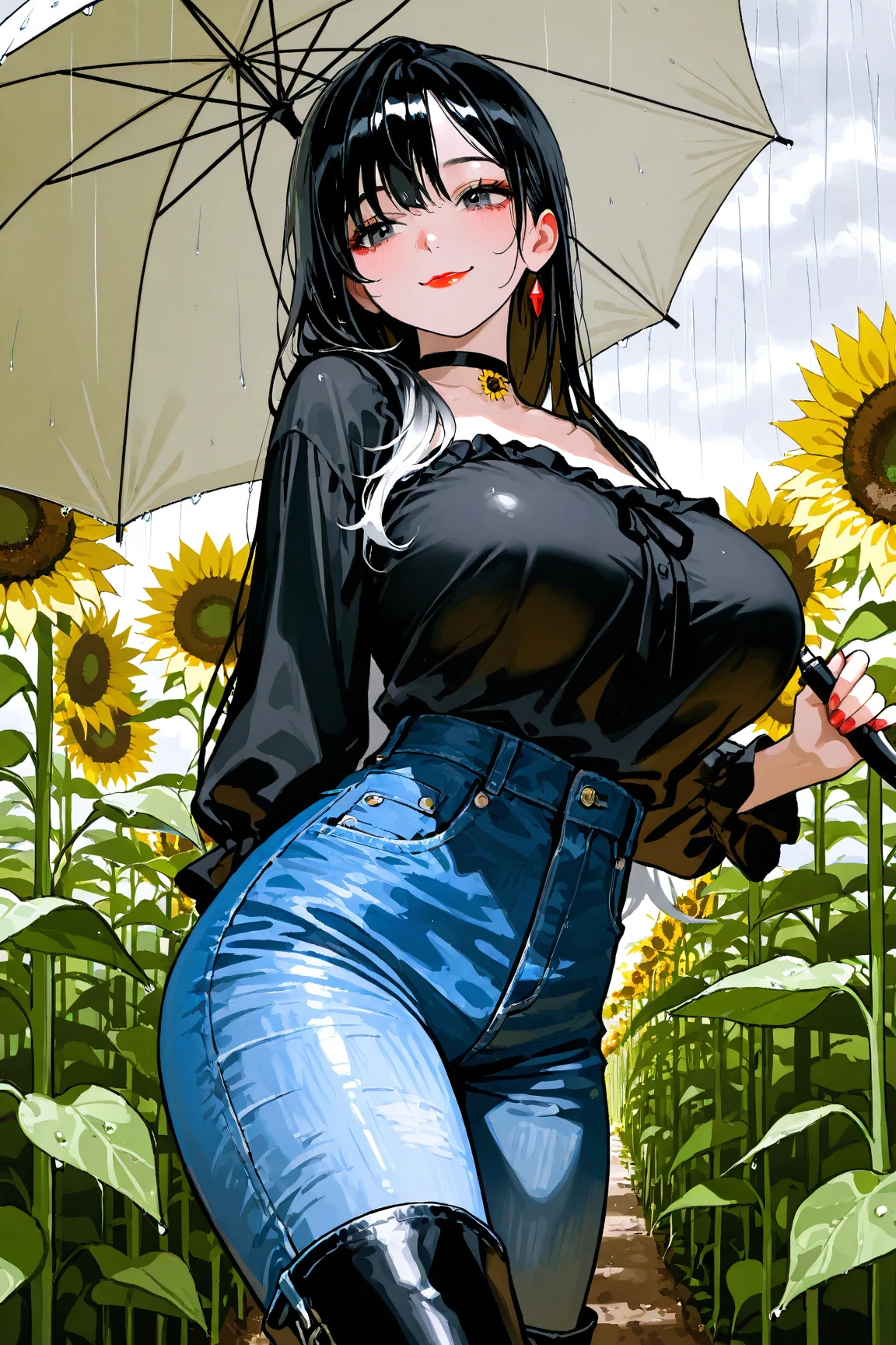 ((1 girl));((17 years old));((long black hair));((wears a simple peasant dress, from the times of the empires, composed and delicate));((her body is sculpted, provides medium breasts like the ass));((her white skin));((pink cheeks and lips));((detailed));((scenario :a sunflower field));((pose:sitting on a bench));((the wind carrying her hair));((she distractedly smiling like a child)) 