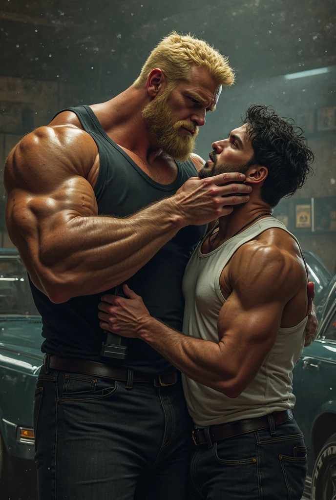 Two hot firemen, white tank top, wet bodys, 2, young guys, in garage with low lighting, fire truck in background, kissing intensely, counter-plong angle, cinematic lighting, cinematic angle, best quality, masterpiece, perfect anatomy, highres, ultra-detailed, 8k, detail, unique, aesthetics, HDR, Photorealistic, Hyperrealistic, Hyperdetailed, analog style, soft lighting, subsurface scattering