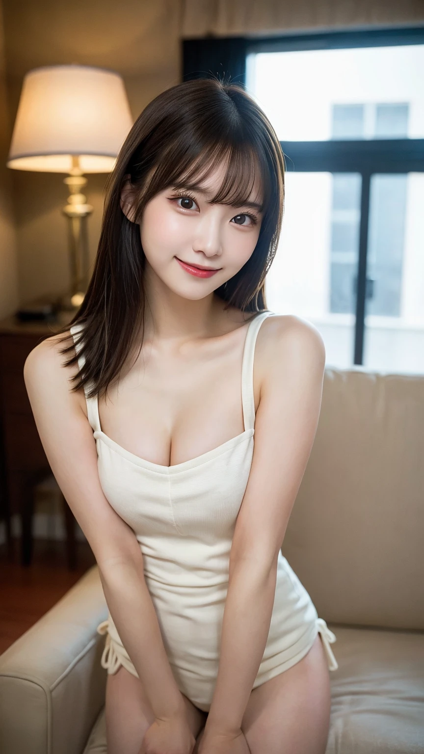 Highest quality, (beautiful)、Nipples are visible、Pull the camisole down to your waist、Soft oist eyes、night、Sit on the sofa、Larger breasts、Upper Body、smile、Shoot from above、Hostess