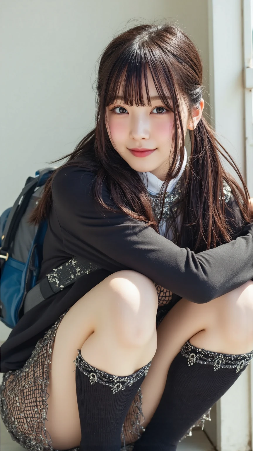 Highest quality, masterpiece, Ultra-high resolution, (Realistic:1.4), Raw photo, Very detailed, Perfect Anatomy, One girl, 12 years old, Most popular Japanese idols, Squat down with your feet tightly together, Put your hand on your cheek, On the streets of Japan in winter, An innocent smile, View your viewers, ((Panty shot, Under the skirt):1.3), (((Wearing white panties))), Detailed white panties, Very beautiful thighs and knees, ((extremely beautiful detailed crotch Wearing white panties)), Very beautiful legs, (She is wearing a navy blue pleated skirt and a brown duffle long coat.), Navy blue pleated skirt with attention to detail, Brown duffle long coat with attention to detail, Wearing black loafers and white socks on both feet, Very cute face like a famous Japanese idol, Very beautiful big black round eyes, Very beautiful black short hair, Cute face with attention to detail, Large, detailed, round black eyes, Detailed beautiful short black hair