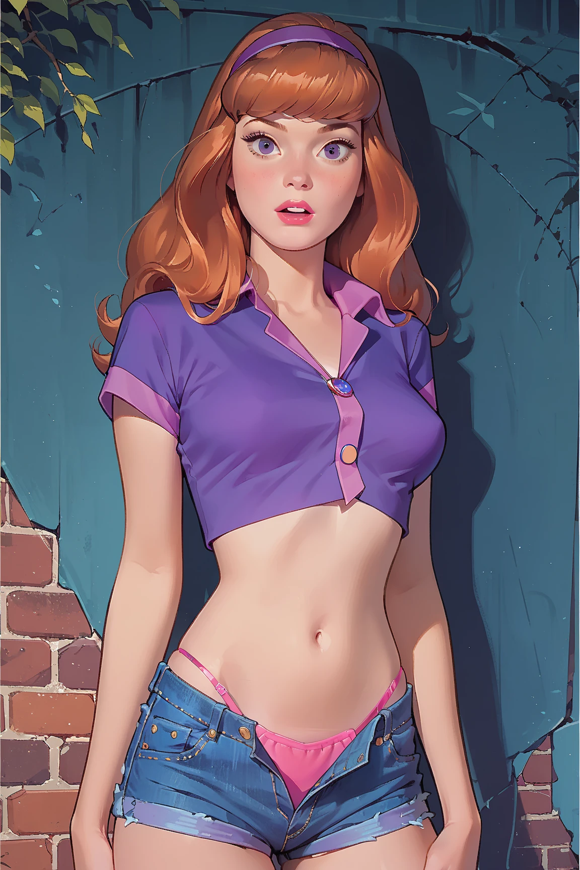 Daphne from the cartoon "Scooby-Doo", by the wide, orange hair, medium breasts, pink bra, torn dress, annoyed, in the background an office.