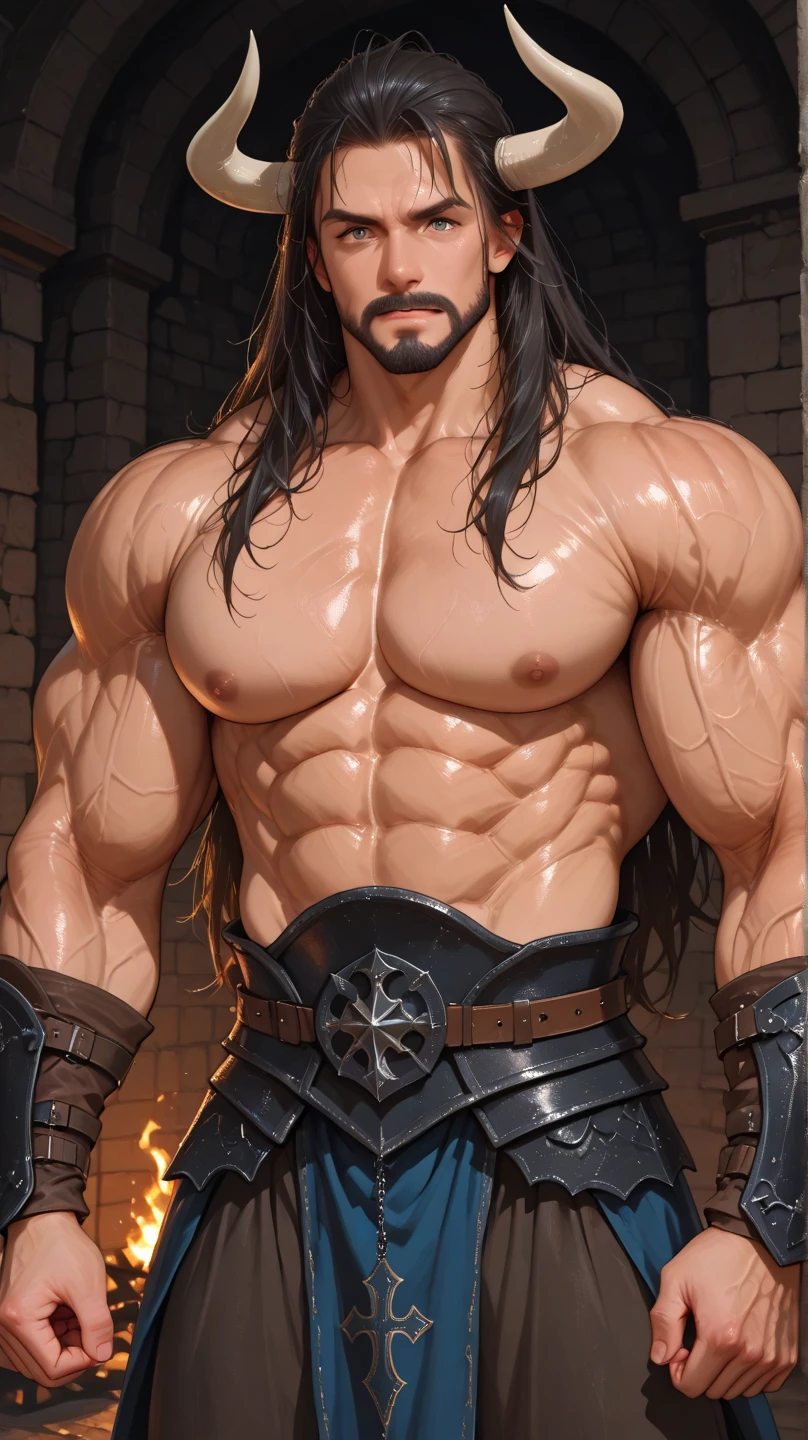 Sculpted hero, upper body uncovered, legs exposed from thighs to feet, bearded with beaded facial hair ,underwear only, thick buff muscular, luxuriant long curls, intricate muscularity, photorealistic portrayal, 4K resolution. Background: Epic battlefield with ancient ruins.,32k uhd, best quality, masterpiece, super detail, high details