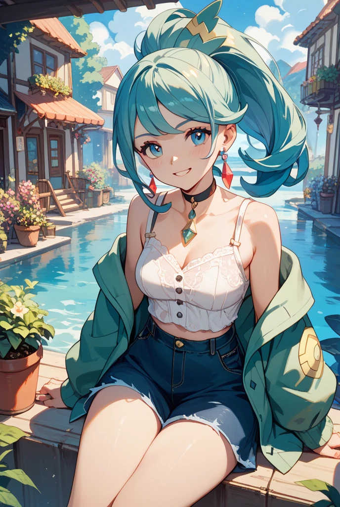  a cute girl beautiful attraction big chest blue hair Caribbean short round wearing shell hair her bright blue eye she dresses in a white shirt yellow lace thread collar and her long blue skirt sea shape yellow heel