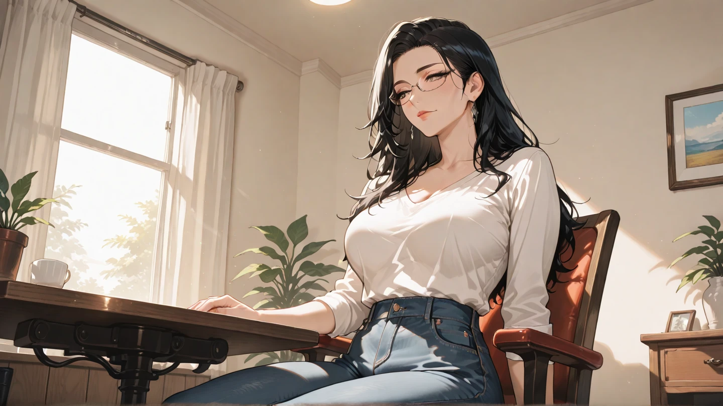 a woman sitting in a chair with a tie on, long hair, breasts, shirt, monochrome, greyscale, parted lips, open clothes, pants, mole, lips, open shirt
