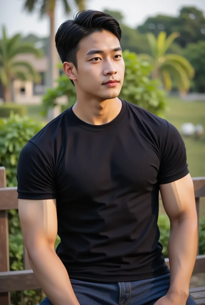 ((realistic daylight)) , Young Korean man in a black polo shirt and jeans, A handsome, muscular young Asian man looks at the camera. In a simple t-shirt blue and red , roadside traffic ,((look sideways))
