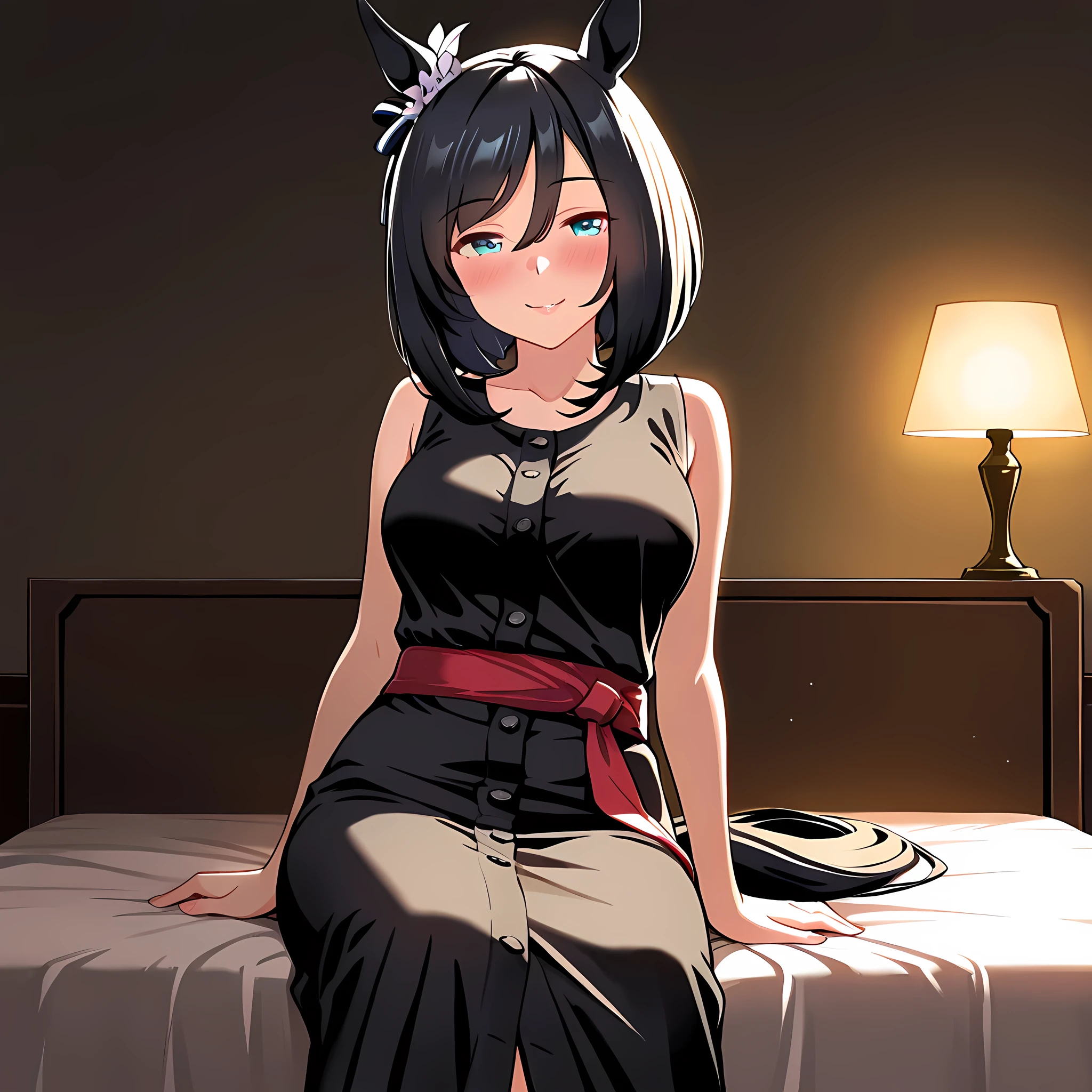 1girl, solo, sitting on bed, naughty face, seductive smile, blushing:0.8, facing viewer,
BREAK
eishin flash \(umamusume\), horse ears, horse tail, bob cut, bare arms, (casual sleeveless black dress:1.5), simple red sash,single ear ornament,
BREAK
nsfw, detailed breasts, indoor, night, dark, (moody lighting:1.2), soft shadows, warm ambient glow, double bed, soft white sheets, modern cozy bedroom,
BREAK
highly detailed hair with natural flow, beautiful face, expressive eyes, realistic, semi-anime, detailed shading, cinematic light, 8k, masterpiece, best quality, high resolution, intricate details, balanced anime-realistic anatomy,
