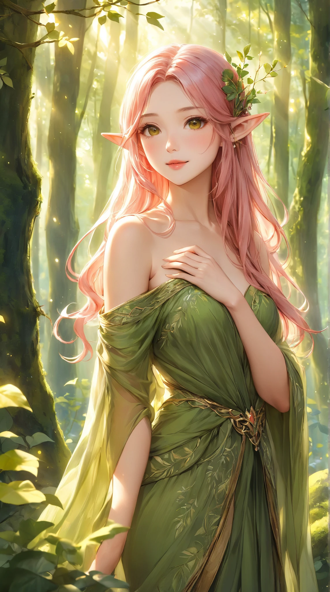 Woman in her 30s hair made of green leaves wooden antlers on her head dressed in leanas and leaves feet made of roots and vines pink eyes on her back vines with thorns like tentacles