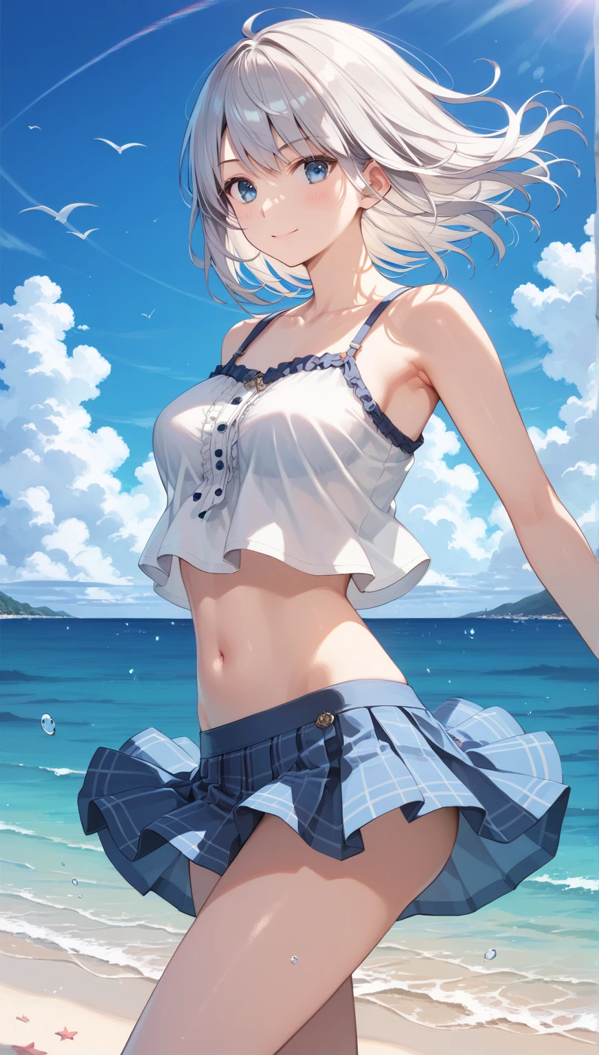 masutepiece, Best Quality,Illustration, Wallpaper, Ultra Detail, absurderes, 1girl in, Solo, (Medium short hair、short braided hair), Beautiful detailed eyes, beautiful detailed fingers,with blush cheeks,after rain , (ocean type:1.3), Night sky after rain, Hair that flutters in the wind,(a panoramic view:1.3),(Sense of depth:1.5),(longshot:1.3)、natta,(dark sky) ,(starrysky),White blouse, (shoulders can be seen:1.3), (Wet:1.2), (with thin ribbon), Short pleated skirt, (Flowing in the wind:1.3), (Light blue are visible:1.2), (Plaid), arms visible, clean breastsvisible, collarbone visible, I can see your elbow,thigh visible, buttocks visib)