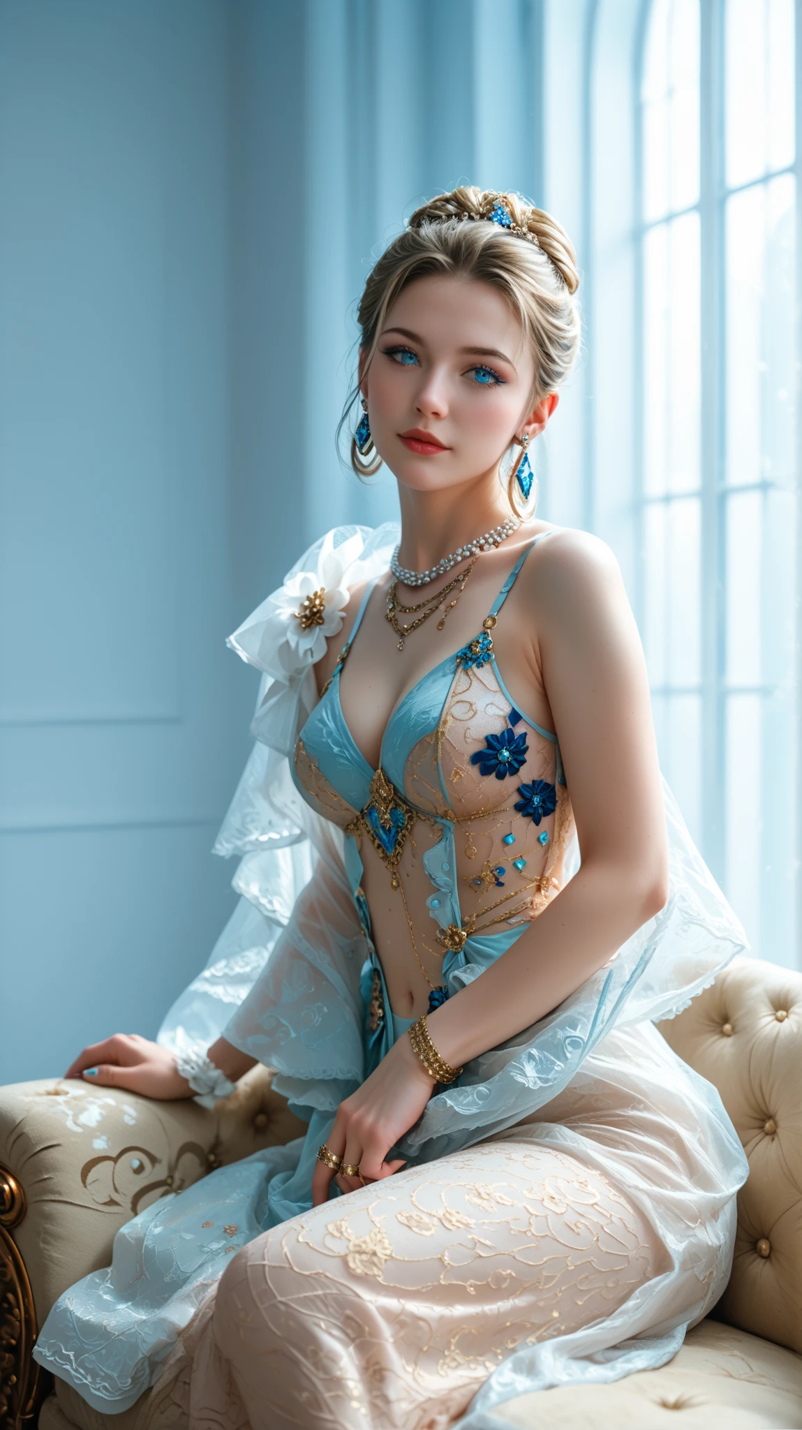 (best quality color photo of a mysterious beautiful woman in luxury lingerie , haute couture fashion shoot, Advertising photo for luxury lingerie brand,:1.3),(An extremely delicate and beautiful work:1.2), (best quality, masterpiece, ultra detailed, ultra high res, photorealistic, raw photo, absurdres, absolutely resolution:1.4),Brake French luxury lingerie brand, The brand concept is that lingerie gives women beauty, femininity, and confidence, Brake The design is bold, sensual, and romantic, The design features delicate lace and exquisite curves that cannot be imitated anywhere else, Lingerie that makes a woman's body shine and makes her feel passionate, All ranked highest in the world, The ultimate lingerie that women all over the world aspire to, very delicate lace lingerie, sexy lingerie, elegant and sophisticated fashion,(blue lingerie :1.3) Brake The woman is a 28-year-old actress from Taiwan, global super model ,she is the embodiment of beauty and allure, A very beautiful and sexually attractive woman, sensual and seductive, asian beauty, short hair Brake elegant pose, (look at viewer, smile), (professional lightning) , (her flowing hair cascades gracefully, perfectly complemented by tasteful and elegant makeup:1.2), (black short hair:1.2), detailed face, detailed eyes, black eyes, lustrous lips ,cleavage, (large breasts:1.3), nipple ,(beautiful figure, Perfect female body, camel toe:1.2), skinny physique, Gentle and enigmatic expression, High color saturation,