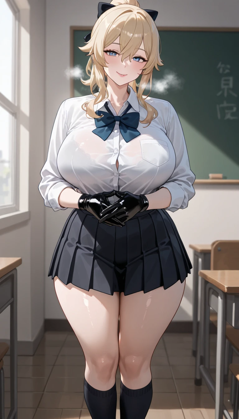 1 Girl,high school girl,RAW Photos,High-cut underwear,Low Angle(Angle where you can see inside the skirt:1.3,pubic hair),smile,wink,cameltoe,from below:1.3,pointybreasts,Highest quality, Ultra-high resolution:1.3, loose socks,Brown Skin(very fine and beautiful skin),blonde, Black gal, Highest quality:1.3,(masterpiece), (Very detailed8K:1.1),Very detailed,Cinema Lighting, Detailed light, Best Shadow, Dynamic Angle,Flashy ,Very exquisite white pantieseg pants:1.1),Super big breasts:1.ighs, mini skirt(Pleated skirt),Indentation:1.1,In the classroom
