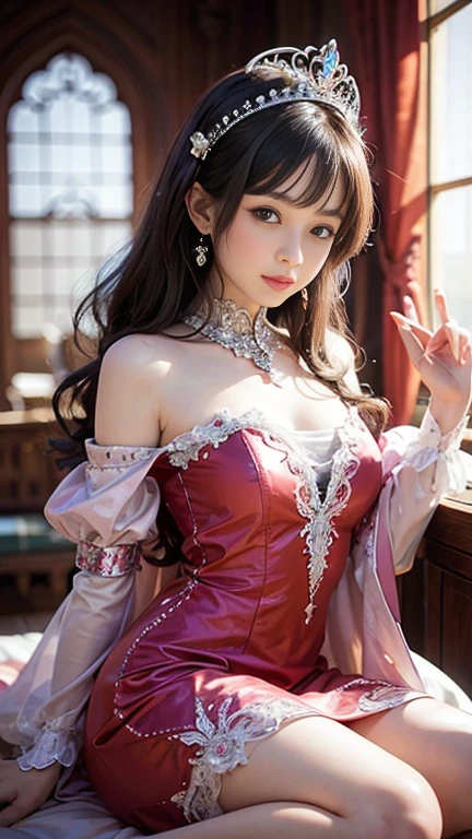 (nsfw), sexy stylish Thai model, only 1 female, ((doll-like appearance)), short bright red stylish hair, ((shiny Victorian-Style boots)), (big smile), ultra detailed eyes, vivid eye makeup, lipgloss, long lashes, defined eyebrows, ((sexy Paradise Kiss cosplay)), bell-shaped skirt, petticoats, high neckline, puffed sleeves, ((ultra detailed lace)), ((ultra detailed embroidery)), intricate details, Paradise Kiss accessoires and matching headpiece, choker, ((large sparkling Paradise Kiss jewelry)), cinematic light, detailed large park background with trees