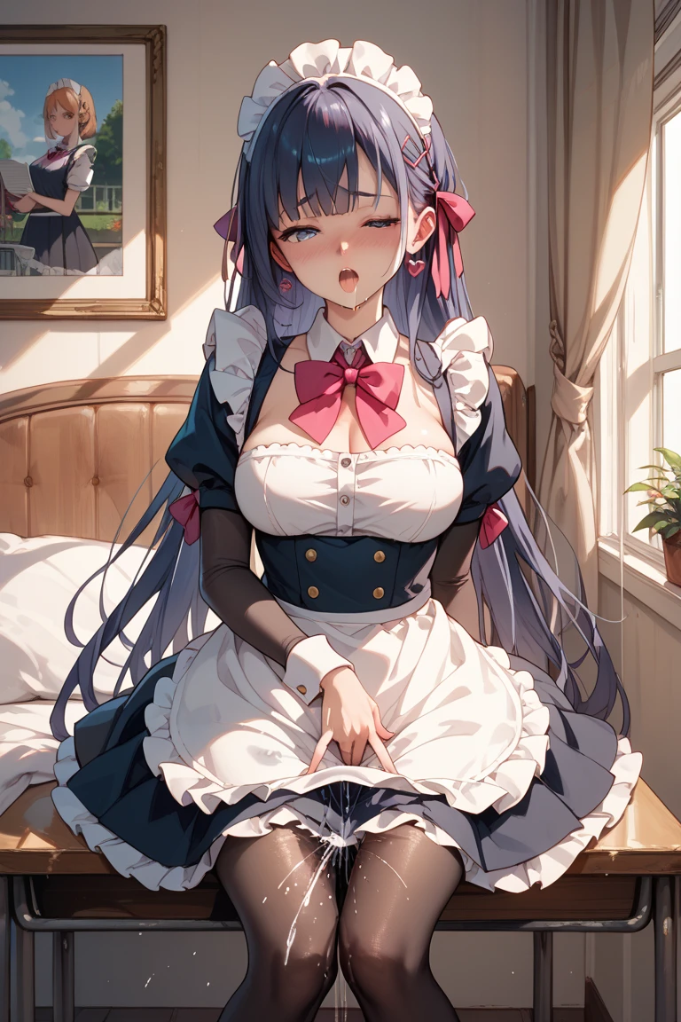 masterpiece, best quality, 1girl, solo, raiden_genshin, office lady, maid uniform, maid, apron, maid headdress, kneeling, seiza <lora:Raiden:1>