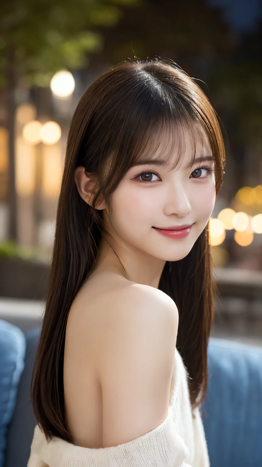 face focus, Portrait, best quality, super fine, 16k, beautiful cute woman smiling gently with ennui expression, background simple with warm atmosphere