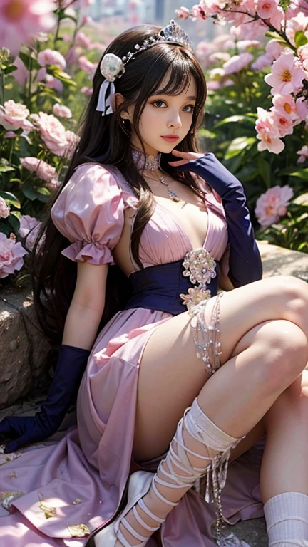 (nsfw), sexy golden Thai princess, only 1 female, ((doll-like appearance)), short neon pink stylish hair, ((shiny Victorian-Style boots)), (big smile), ultra detailed eyes, vivid eye makeup, lipgloss, long lashes, defined eyebrows, ((sexy Paradise Kiss cosplay)), bell-shaped skirt, petticoats, high neckline, puffed sleeves, ((ultra detailed lace)), ((ultra detailed embroidery)), intricate details, Paradise Kiss accessoires and matching headpiece, choker, ((large sparkling Paradise Kiss jewelry)), cinematic light, detailed large park background with trees