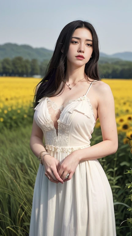 (raw photo:1.2), ((photorealistic:1.4)), best quality, masterpiece, extremely detailed, 8k wallpaper, fine detail, best quality, extremely detailed 8k wallpaper, detailed face, detailed eyes, double eyelids, highres, ((SFW)), cowboy shot, MILF, ((very large breasts)), cleavage, plump breasts, beautiful collarbone, woman wearing a sundress, bare shoulders, almost see through, small necklace, braided hair, lively eyes, sexy lips, smiling, hourglass figure, outside in a sunflower field