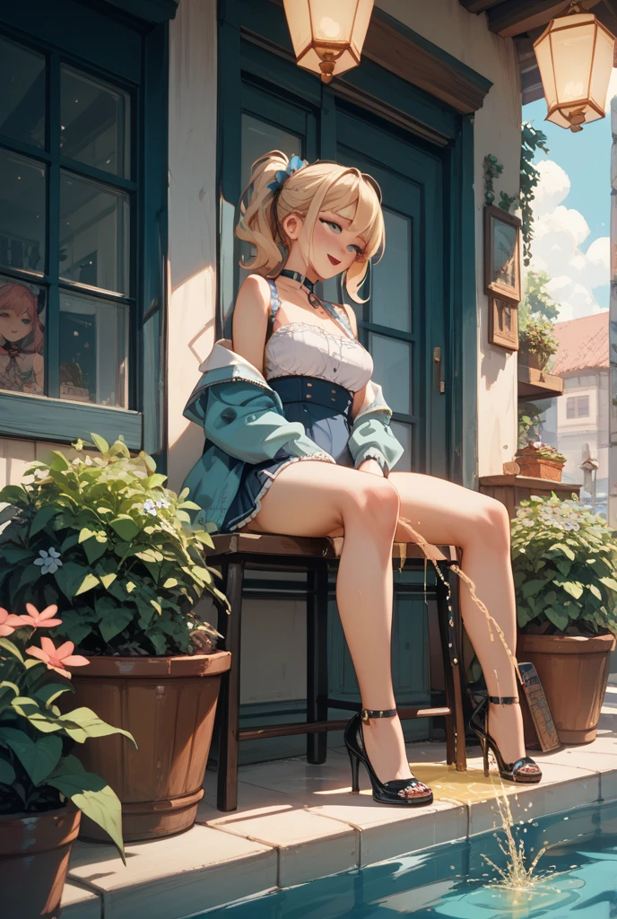 (kawaii background:1.3), (extremely detailed fine touch:1.3), (hard light, studio light, light rays, dappled light, reflection, shadows, ray tracing:1.0), ///, girl, white blonde short hair, full body, sky, cloud, flower, glass shoes, 