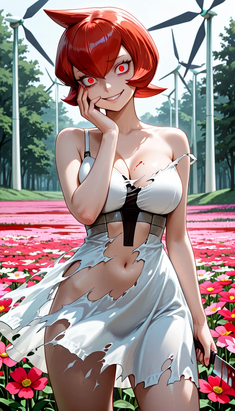 (masterpiece:1.2, best quality), 1milf, open clothes, (red flowers:1.3), white, red hair, red eyes, mature, big tits, sexy, upper body, closeup face, red lips, tube top, press breast, shoot from above, closeup face, red clothes, nsfw, rose cloth, lyin in rose, lyin, rose