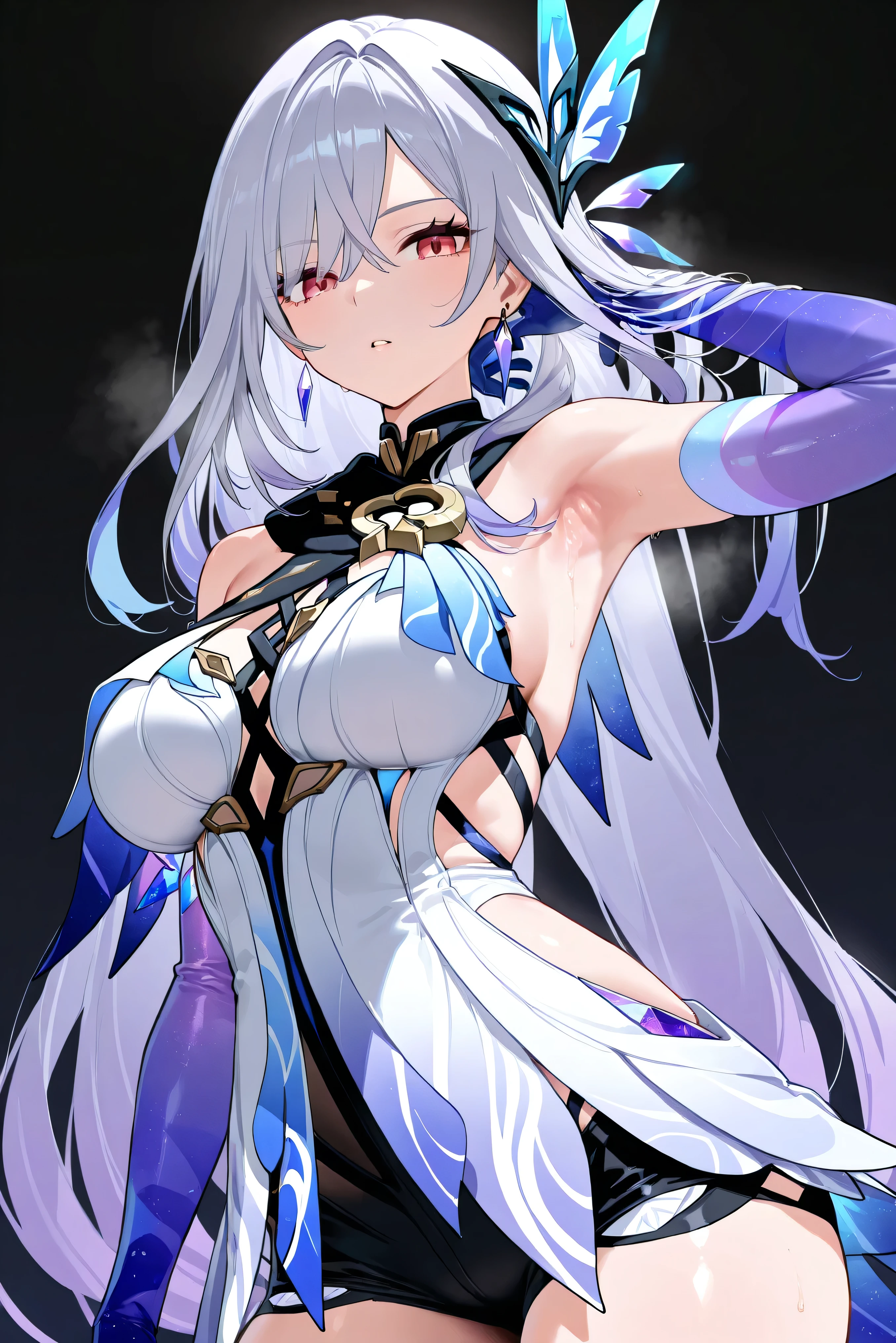 score_9, score_8_up, score_7_up, masterpiece, best quality, very aesthetic, absurdres, tunning image, attractive image, solo, 1girl, adult grown woman, skirk \(genshin impact\), heavy breathing, masterpiece,best quality,amazing quality, 5 fingers, sunshine, clear face, simple background, clean black background, masterpiece, super detail, epic composition, ultra HD, high quality, extremely detailed, official art, uniform 8k wallpaper, super detail, 32k, skirk, 1girl, long hair, gloves, breasts, jewelry, bangs, dress, bare shoulders, elbow gloves, looking at viewer, blue gloves, hair ornament, earrings, very long hair, medium breasts, cowboy shot, grey hair, hair between eyes, red eyes, black shorts, armpits, detailed armpits, spread armpit, arm up, presenting armpit, fingers on own armpit,