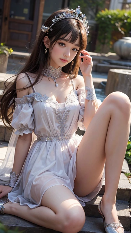 cyb dress, chinese clothes, detached collar, clothing cutout, wide sleeves, see-through sleeves, Tassel((1 girl, Elegant posture)), Natural leg proportions, Visible cleavage, masterpiece, ((Sexy long legs, Very beautiful legs)), (best quality, 4K, 8K, high resolution, masterpiece:1.2), Extremely detailed, (Practical, photoPractical, photo-Practical:1.37), Official Art, CG, Anatomically correct, Random Scenes, Random shooting angle, Movie, photography, Intricate background, Soft lighting, Subtle shadows, Vibrant colors, Expressive eyes, Beautiful, high class boutique, Ambience, A moment of honesty, Natural expression, Detailed texture, Fine details, Refined and elegant, Exquisite style, Artistic Composition, Beautifully presented.