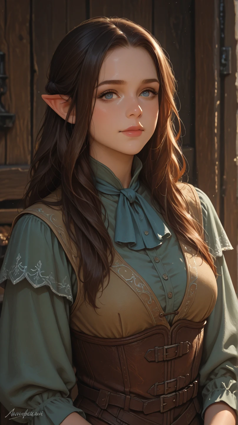 ((Medieval fantasy setting)). Tags: super detail, high details, high quality, best quality, highres, 4K, detailed face, face fix, detailed hands, detailed fingers, portret, 1girl "Echo is a 22-year-old half-elf. She has light brown skin. Thick light chestnut hair with caramel highlights and soft waves. Brown eyes with green hues. Her beautiful face is oval with soft features and pronounced cheekbones. She has full and attractive lips with a natural blush. A slight scar over her right eyebrow. Her ears are small like a human's but pointed like an elf's. Her physique is athletic and slim, she toned and flexible. She has a round and elastic body shapes."
Clothing. Dress with a simple, straight line, length to the ankles. The free cut allows you to move and work easily without restricting your movements. The sleeves are long, with the possibility of rolling them up if necessary. Color: Light brown or beige.
Details: At the waist - a thin belt made of the same material as the dress itself. The absence of any decorative elements or embroidery makes it ideal for camouflage among ordinary people.
Background: Medieval village, old houses, sloping wooden fences.
Tags: (covered hard nipples)