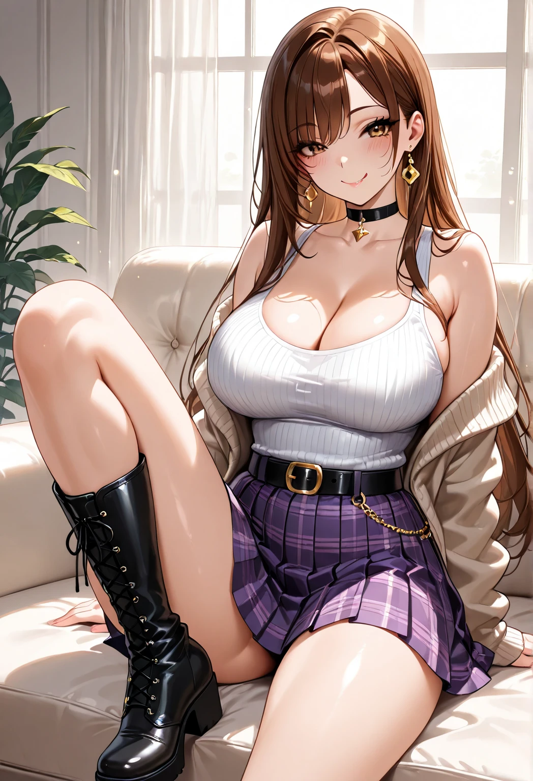 (highest quality, High resolution, , perfect pixel, 4k,), 1 girl, single, alone, Beautiful woman、I could see the whole body、 ((wavy middle hair, bangs, brown hair)), ((brown eyes, beautiful eyelashes, realistic eyes)), ((detailed face, blush:1.2)), ((smooth texture:0.75, realistic texture:0.65, realistic:1.1, Anime CG style)), medium breasts, dynamic angle, perfect body, ((, female teacher, , earrings、necklace、Damaged clothes 、turtleneck sweater、black mini skirt、black knee high stockings、open both legs wide、、shy smile)), upper grade、(pink lace panties are visible、、(Bring your chest and arms together、Lift up your skirt and show your panties、The wind blows up my skirt)、