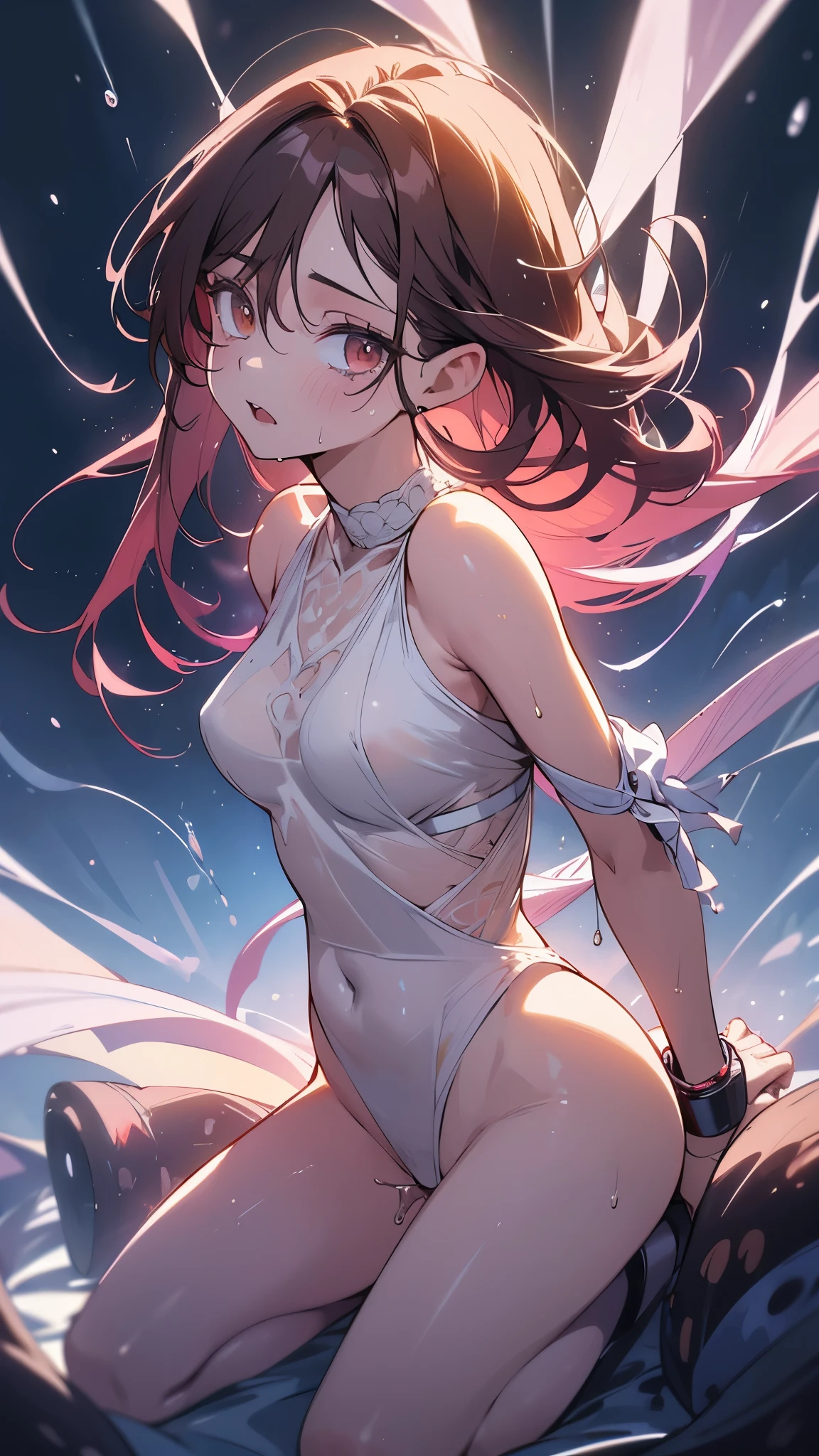 A high resolution, depth of fields, tmasterpiece, Best quality at best, sea beach,Short hair details,Alone, fox ear,fox tails,smallunderboob,bit girl,Brown hair,a pink eyes,Wear separately(Bandeau bandage:1.2),rays of sunshine,Sit Pose,facing at the camera,Full body lesbian,