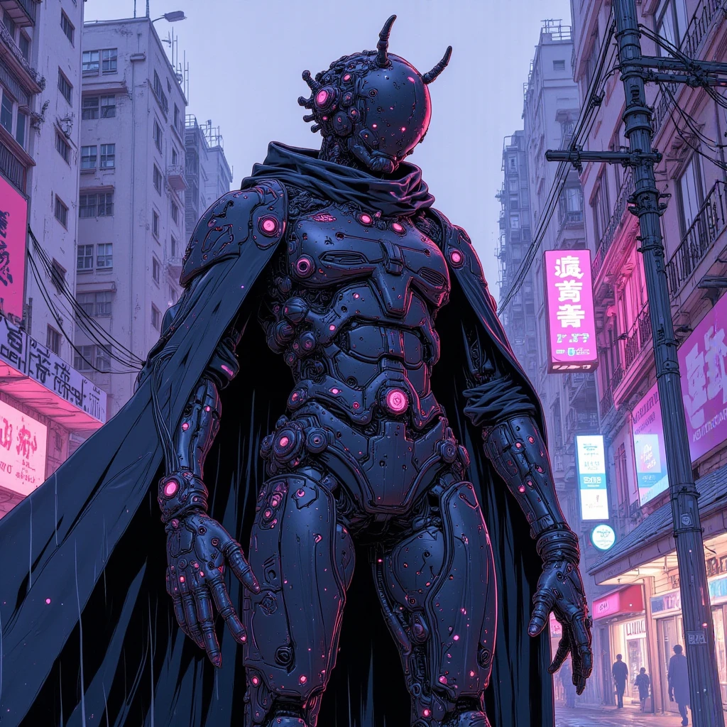 雰囲気teeth未来的in少しディストピア的in, Sophisticated, A futuristic black exoskeleton combining insect-inspired design with advanced armor elements, 装甲にteeth複雑な装飾が施されている, has a shiny surface, that reflects city lights and rain It adds dynamic texture to the ensemble and features a galactic pattern mixed with, technology and fantasy, is big, fuses the, をブレンドした銀河のようなパターンが特徴in、purple, pink, And white, と混ざり合った銀河のようなパターンが特徴in, theme with the towering buildings lining the street, 彼女のシルエットteeth長い, The fluttering black cloak, teeth, 風に揺れると神秘的in流動的な要素を加えます, 環境teeth大雨の降るに崩壊した街並み, impressive characters dominate the urban scene, purple, neon lights illuminate the scene, 背景にteeth歩行者が部分的に見えます, in, adds mysterious and fluid elements, 全体的な雰囲気teeth強烈in, 少し別世界のようinす, accentuates the city's vibrancy despite bad weather, detailed hands, anime, cyberpunk