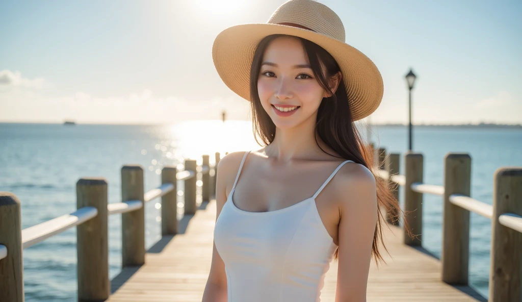 masterpiece,best quality,(Japanese ),((Beautiful girl)),cleavage,(perfect body beauty:1.2),(shy smile),beautiful teeth,(straw hat),((In front of the lighthouse on a small hill by the sea)),