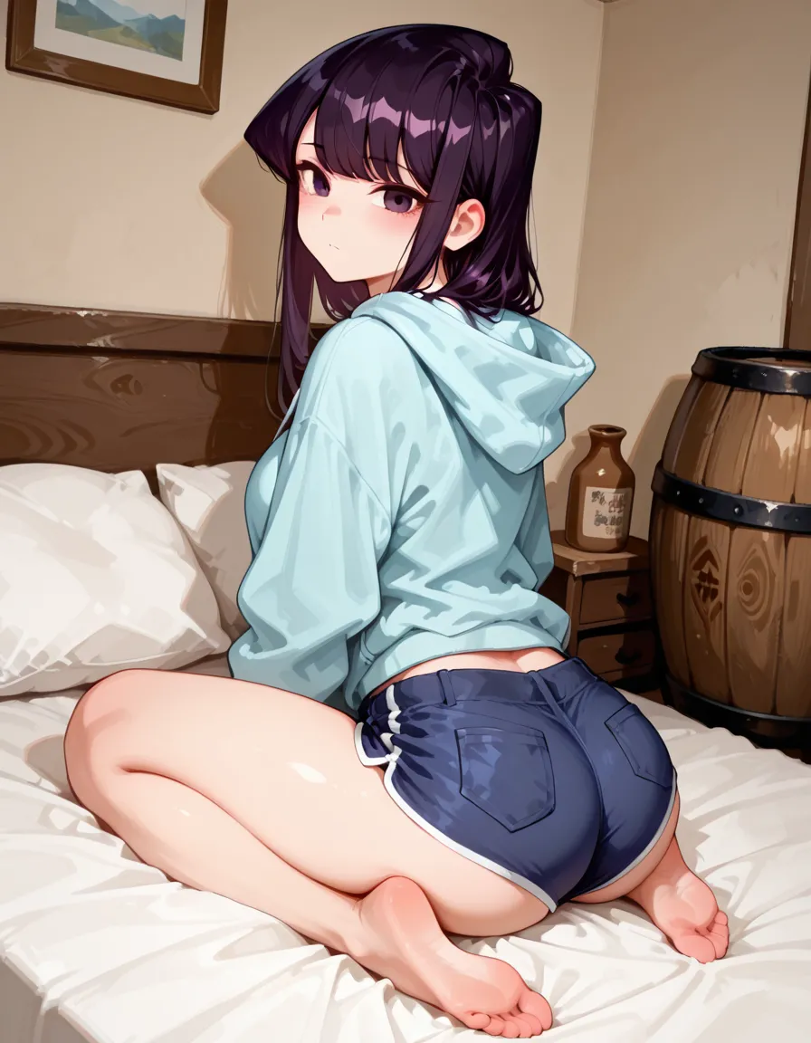 Second Dimension、pretty girl、sister、From below、bed、backを向ける、sit、おsisterさん座り、Big Ass、Thick thighs、Chubby、Black Bikini、Shorts、Grey hoodie、Midriff、Biceps、back、smile、Blushing、Open your mouth、Green Eyes、Long Hair、Light blue hair、Dark Room、window