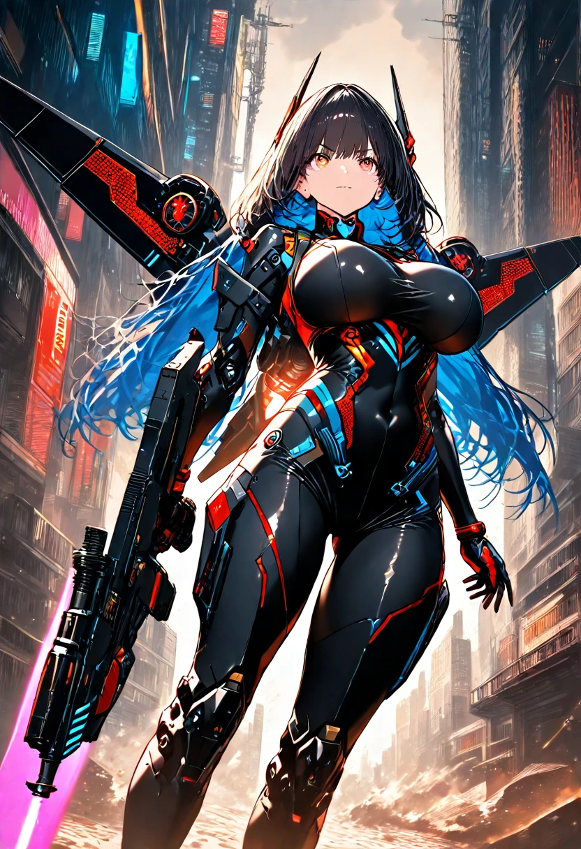 sit on the chair，Anime girl with gun in hand, inspired author：Shirow Masamune, Shirow Masamune的风格, Otomo Shohei, Ultra detailed comics, color comics style, Detailed comic style, inspired by katsuya terada, Inspired by Hajime Sorayama, Complex comics, author：Shirow Masamune，painting