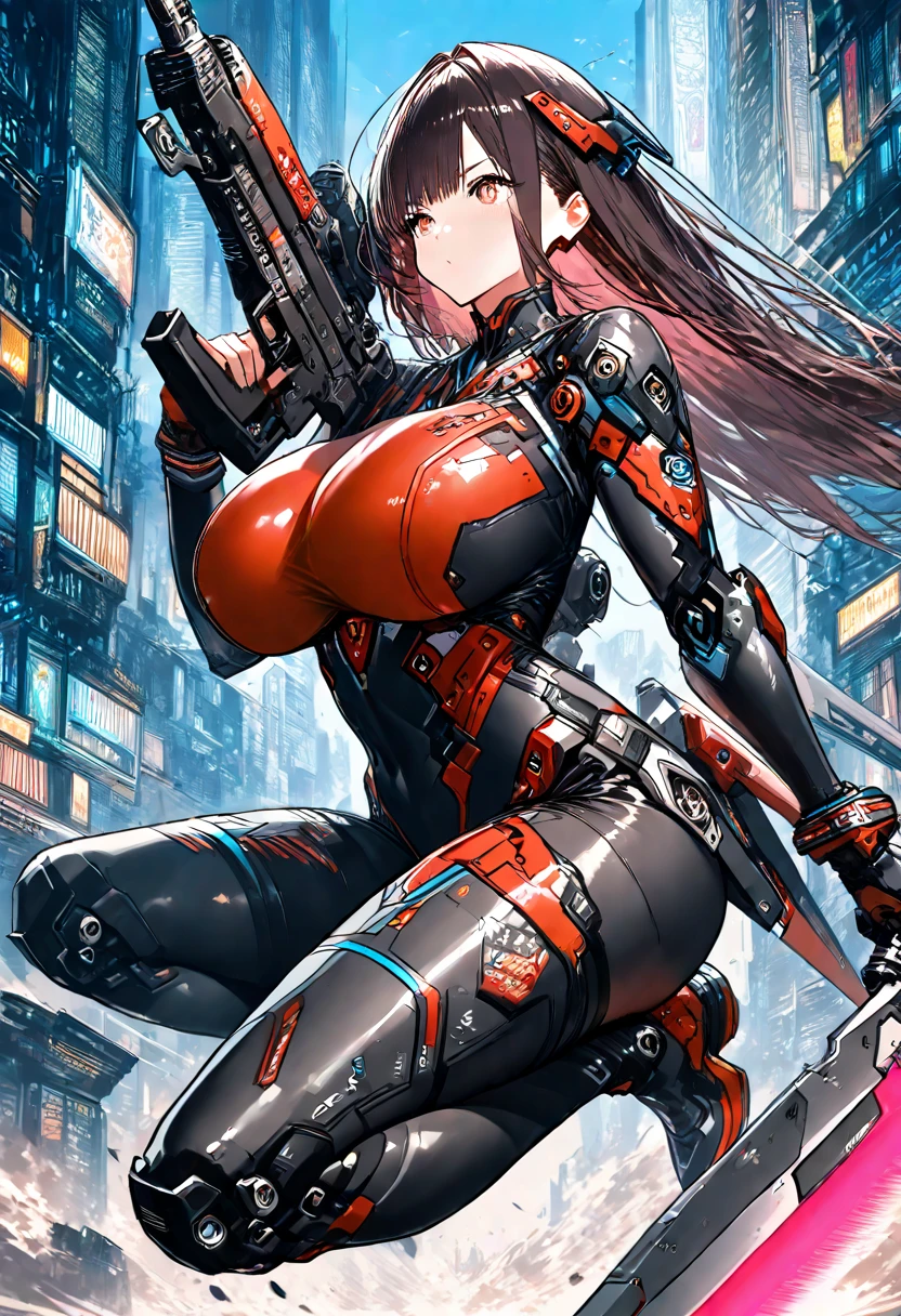 the female anime hero will fight to protect her city in this scene, 1girl, breasts, solo, weapon, long hair, gun, looking at viewer, blue eyes, holding, holding weapon, parted lips, between breasts, cleavage