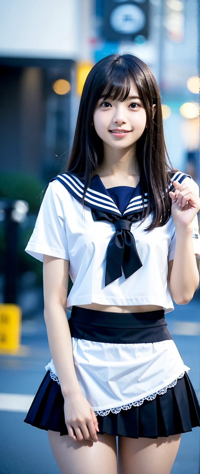 (Best Quality, 8K, 32 k, Masterpiece, UHD:1.2), (Raw foto), (realisitic), (Photorealistic:1.2), (high resolucion), huge file size, Ultra-detailed, extremely beautiful face & eyes, 1Girl, (loli, 14 year old:1.2), young female, round small face, thin-waist, tits huge, slim proportions, (Japanese sailors' uniforms, sailor fuku, serafuku, Japanese School Sailor Suit, darkblue pleated skirt:1.27), (From below, white thong, groin:1.24), city rooftop at dawn,