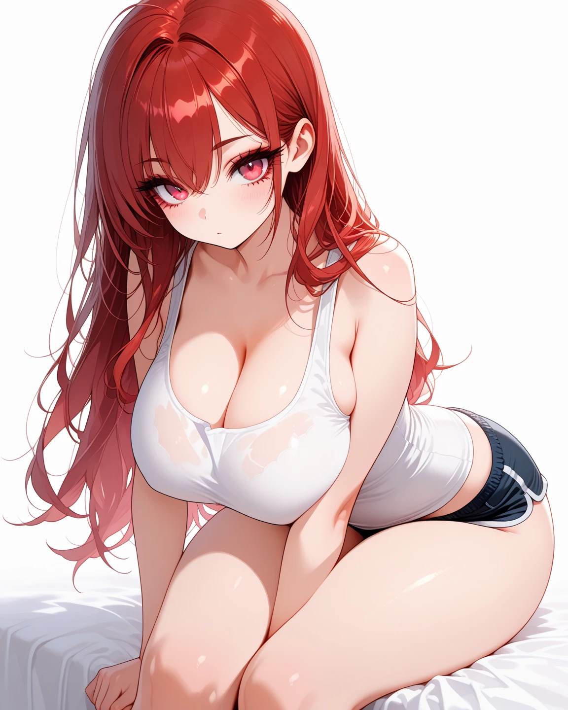 The best masterpiece、high resolution、Wolf Girl, Large Breasts, Voluminous, messy, light red hair, masterpiece , Red eyes, hd, Head to Chest, Put in your chest、 tooth、Double teeth,, On the bed、Thick thighs、Grinning、Knitted sports bra、Open your mouth、Hooded jacket、Big Breasts、Wearing a hood