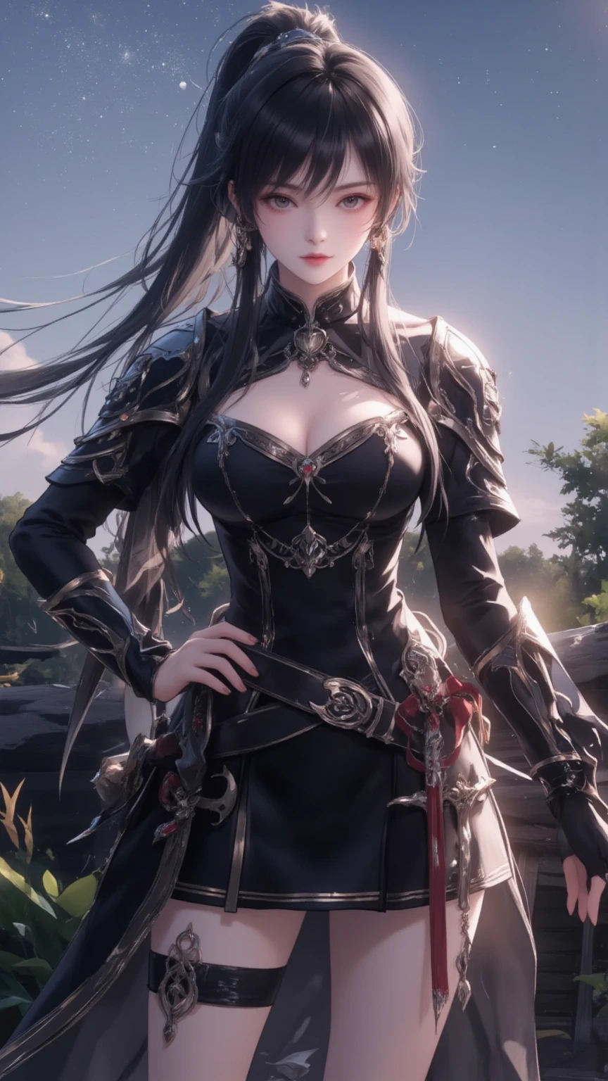 masterpiece,best quality,1girl, black hair,long hair,armor,breasts, <lora:liuerlong:0.8>,cowboy shot, dynamic pose, dynamic angle,