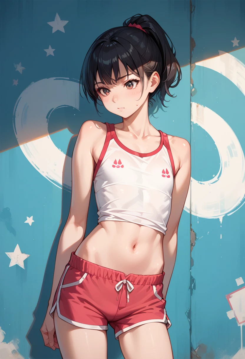 ((masterpiece,Highest quality:1.3,best quality illustration)),((realistic:1.2)),cowboy shot,solo,1woman,18 year old beauty、black hair,short bob hair,(center parted bangs),black eyes,(gorgeous big eyes),((very small head:1.4)),Heavy breathing,drooling,((slender body:1.2,skinny)),(tan skin:1.4),small breasts,(White tank top、school gym red buruma),Wet crotch,gleaming skin,oily skin,slender body,sweat,standing,locker room、Tokyo、