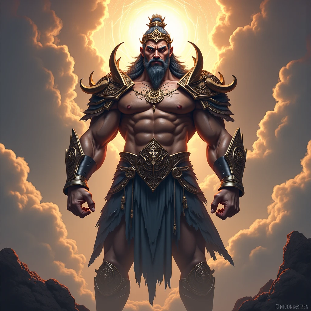 God of lightning, muscular body, serious and defiant look. Brown eyes, white and red clothes, with a bull behind